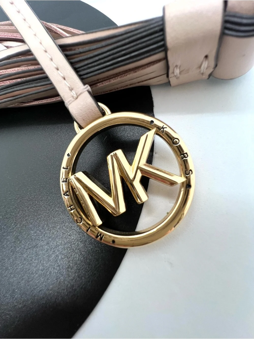 Michael Kors Blush Pink Leather Tassel Gold MK Logo Bag Charm Fob